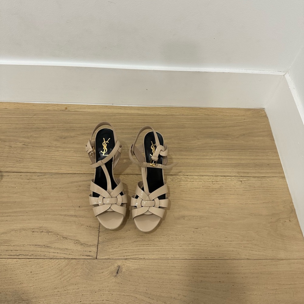 Yves Saint Laurent YSL Beige Tribute Platform Sandals
